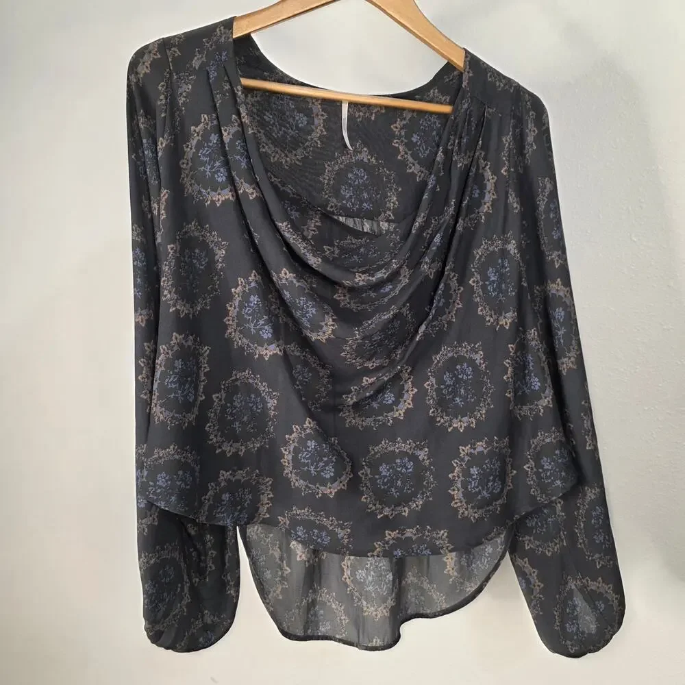 Free People Cowl Neck Blouse XS Whimsigoth Dark Floral Oversized Ballon Sleeve